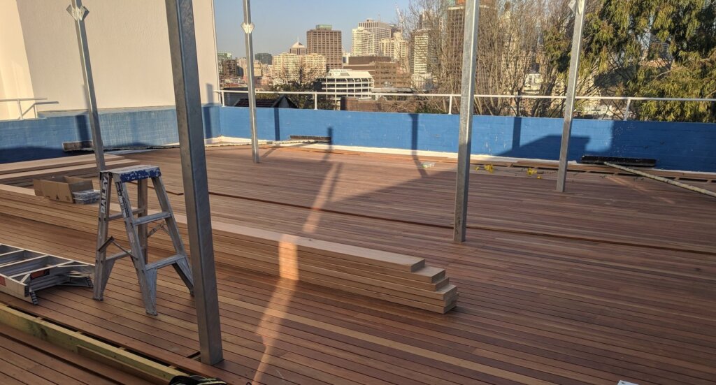 Timber decking installed over PVC Membrane